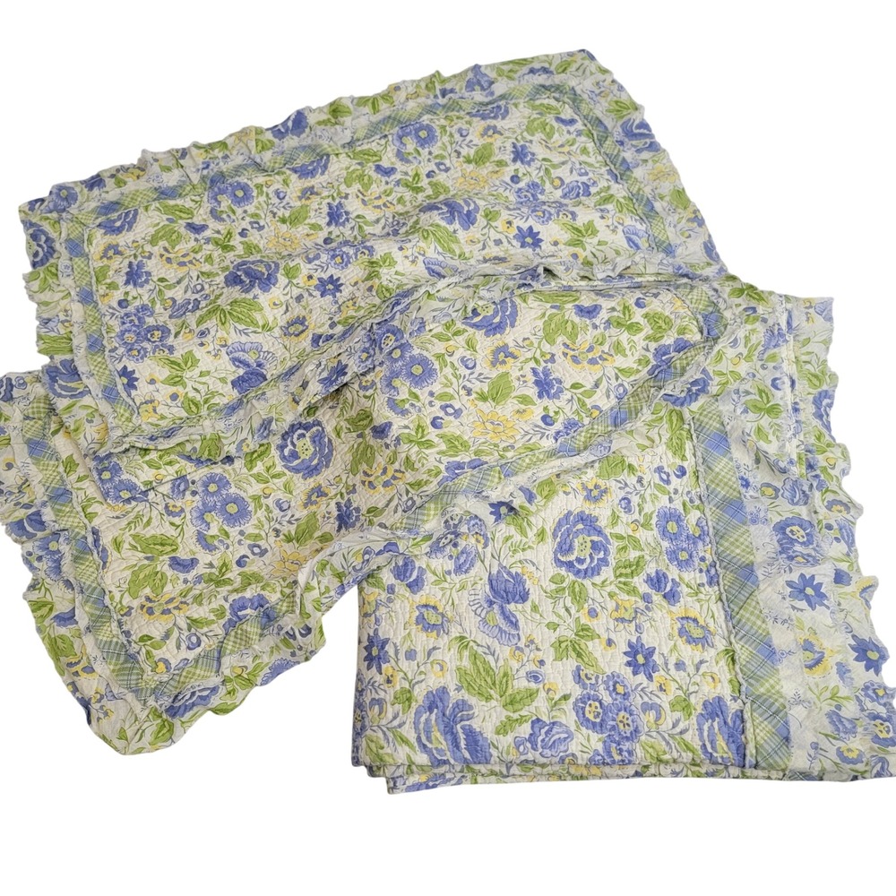 April Cornell Floral Quilt Set 3 piece Blue Green Yellow Cotton Full/Queen